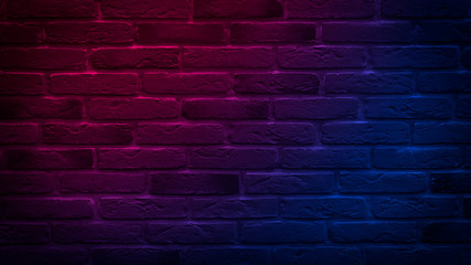 Fototapeta na wymiar Brick wall, background. Neon red and blue light.