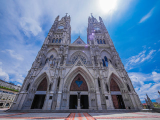Beautiful facade of Basilica del Voto Nacional Church in Quito, Ecuador