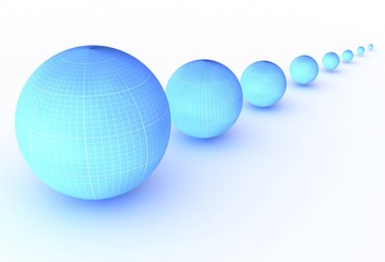 Blue balls in a row in perspective with a shadow. 3d illustration on white background.
