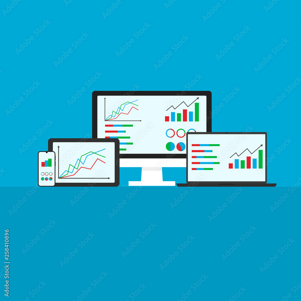 Poster flat design modern vector illustration concept of website analytics and seo data analytics gadgets f