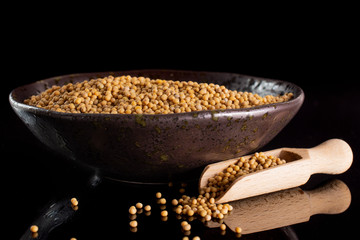 Lot of whole white mustard seeds on grey ceramic plate with wooden scoop isolated on black glass