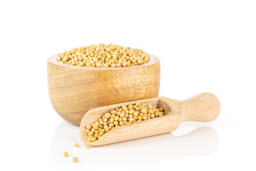 Lot of whole white mustard seeds with wooden bowl and wooden scoop isolated on white background