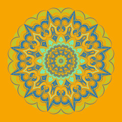  Lacy round pattern - mandala, orange background, lines and elements of blue and pale green shades. Sharp rays, small flowers. Harmony and tranquility, a national color.