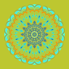  Lacy round pattern - mandala, pale green background, lines and elements of blue and orange shades. Sharp rays, small flowers. Harmony and tranquility, a national color.