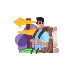 traveler man with travel bag and wooden arrow signal