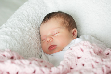 Newborn Cute Baby Girl, Infant, Sleeping on the white bed, New family concept, The most Beautiful Baby Princesse