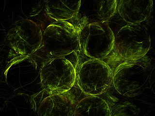 Abstract Background Image, Graphic Resource, Illustration with textures. Glowing array of 3d green spheres, energy, plasma discharge, cells scientific research. Circles, repeating patterns, chaotic.