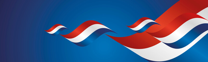 Netherlands Liberation Day waving flags two fold blue landscape background