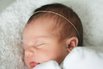 Newborn Cute Baby Girl, Infant, Sleeping on the white bed, New family concept, The most Beautiful Baby Princesse