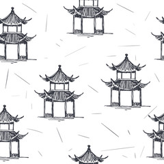 Vector seamless pattern with pagoda in sketch style. Hand drawn texture with symbol of eastern architecture isolated on white