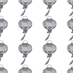 Vector seamless pattern with chinese lanterns in sketch style. Hand drawn texture with symbol of New Year isolated on white