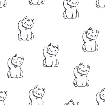 Vector seamless pattern with traditional japan cute mascot. Hand drawn texture with cat raised paw isolated on white. Sketch of luck and money talisman