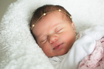 Newborn Cute Baby Girl, Infant, Sleeping on the white bed, New family concept, The most Beautiful Baby Princesse