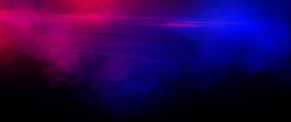 Wet asphalt, reflection of neon lights, a searchlight, smoke.  Smoke, smog. Dark background scene of empty street, night view, night city. Neon red and blue light.