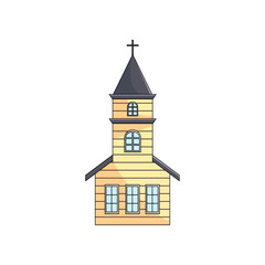 Wooden church with spire cross on roof over empty background