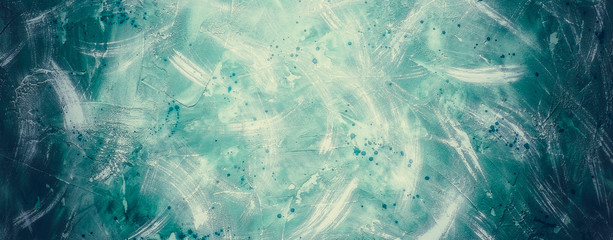 Plakat green background, texture of plaster, paint strokes and splashes, long banner