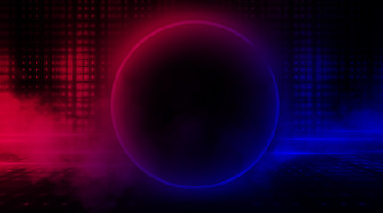 Empty Dark Futuristic Sci Fi Big Hall Room With Lights And Circle Shaped Neon Light. Dark neon background, empty stage, abstract dark background. Neon circle, reflection