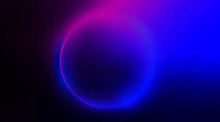 Empty Dark Futuristic Sci Fi Big Hall Room With Lights And Circle Shaped Neon Light. Dark neon background, empty stage, abstract dark background. Neon circle, reflection