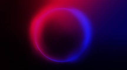 Empty Dark Futuristic Sci Fi Big Hall Room With Lights And Circle Shaped Neon Light. Dark neon background, empty stage, abstract dark background. Neon circle, reflection