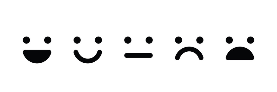 Basic emoticons set. Five facial expression of feedback - from positive to negative. Simple black vector icons