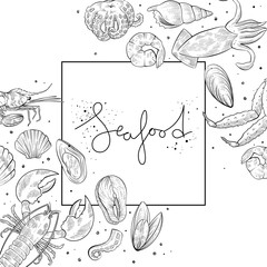 Set of different seafood, hand drawn vector