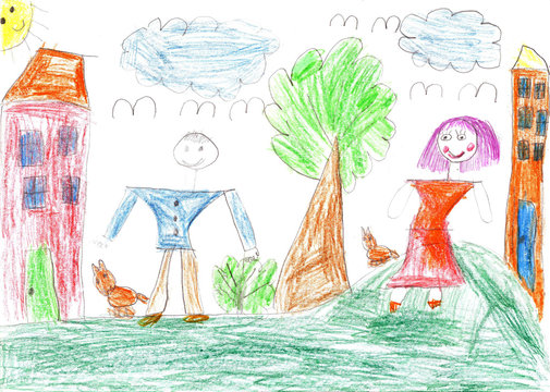 Child's drawing of a happy family on a walk