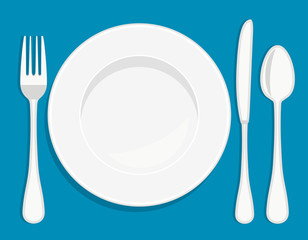 White empty porcelain plate with spoon, knife and fork. illustration in flat style.