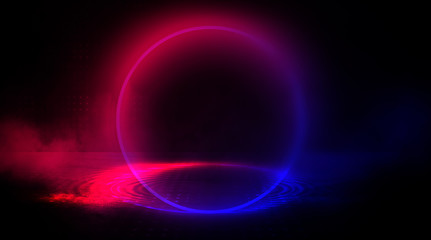 Empty Dark Futuristic Sci Fi Big Hall Room With Lights And Circle Shaped Neon Light. Dark neon background, empty stage, abstract dark background. Neon circle, reflection