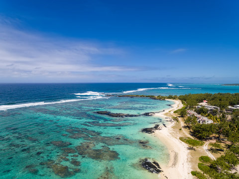 Mauritius, East Coast, Indian Ocean, Trou d'Eau Douce, Aerial view of beach