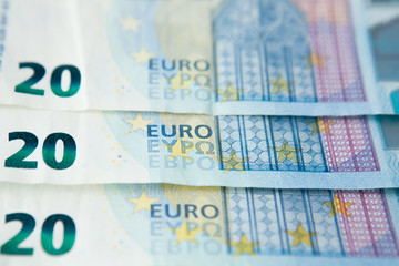 closeup of new banknote of twenty euros background