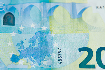 closeup of new banknote of twenty euros background