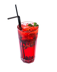 berry juice with ice in a tall glass with a straw decorated with mint on an isolated white background