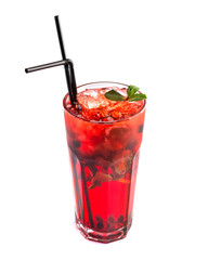 berry juice with ice in a tall glass with a straw decorated with mint on an isolated white background