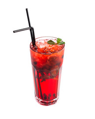 berry juice with ice in a tall glass with a straw decorated with mint on an isolated white background