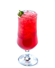 Red cocktail with ice in a tall glass decorated with mint on an isolated white background