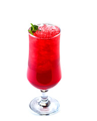 Red cocktail with ice in a tall glass decorated with mint on an isolated white background