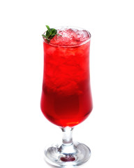 Red cocktail with ice in a tall glass decorated with mint on an isolated white background