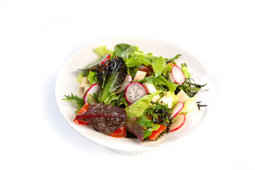 Salad of greens, cheese and radish on an isolated white background