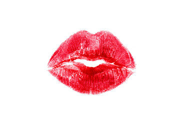 Red lipstick mark beautiful big lips kiss isolated on a white background