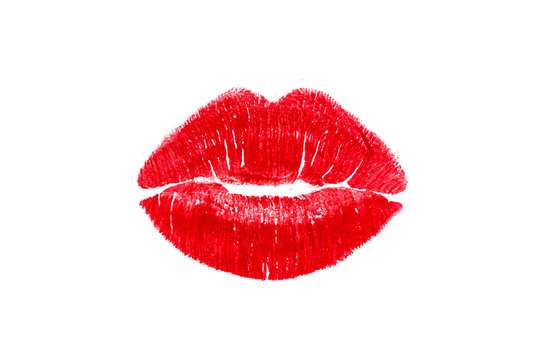 Red lipstick mark beautiful big lips kiss isolated on a white background