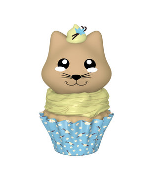 Vanille Cupcake mit Kätzchen im Kawaii Stil. 3d Render