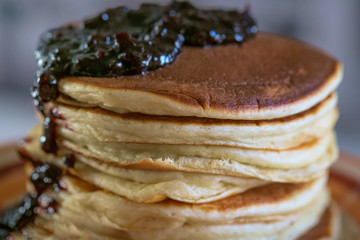 Americain breakfest. Pancakes with jam.