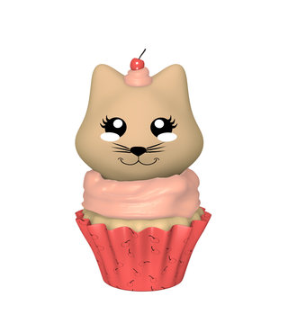 Kirsch Cupcake mit Kätzchen im Kawaii Stil. 3d Render