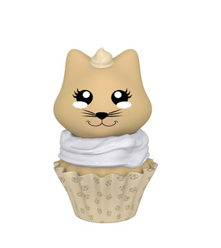 Haselnuss Cupcake mit Kätzchen im Kawaii Stil. 3d Render