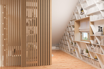 3d render interior design of the attic floor of a private cottage