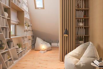 Fototapeta na wymiar 3d illustration interior design ilving room of the attic floor of a private cottage