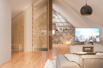 3d illustration interior design ilving room of the attic floor of a private cottage