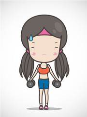cute girl exercising hold in dumbbell hand, vector illustration