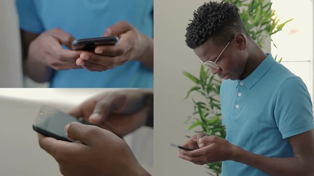 Collage of medium and closeup shots of Afro-American young man in glasses in blue T-shirt indoor texting on phone, googling and swiping information. Lifestyle, communication concept