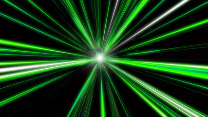 Entering green space warp. Abstract background with fast flying light streaks. Speed line & stripes...